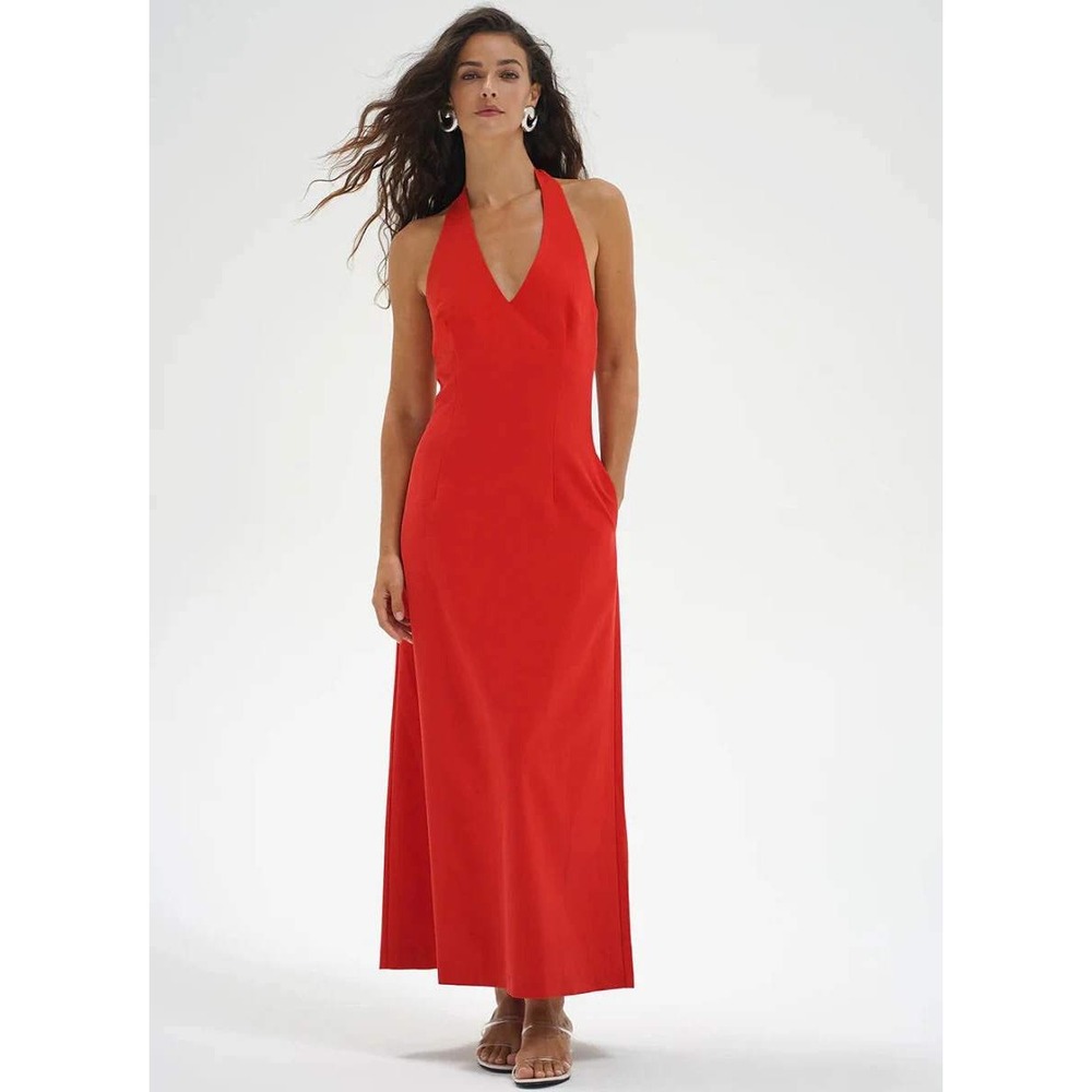 LNA Red Halter V-Neck Midi Dress